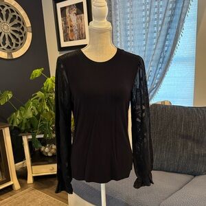 Tahari Black Long Sleeve Top Sheer Lace Sleeves Size S